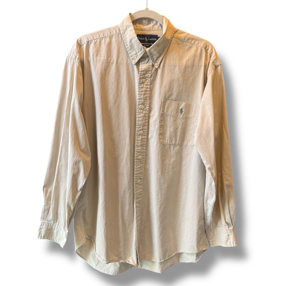 RALPH LAUREN BLUE LABEL Blake Khaki Cotton Casual Button Down Shirt, Large